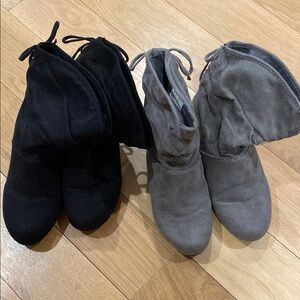 Chic Black and Gray Suede Ankle Booties with Lace Detail